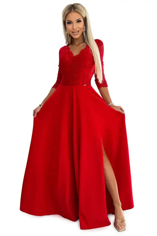 309-8 AMBER lace, elegant long dress with a neckline and leg slit - red - Livre e Solta Fashion