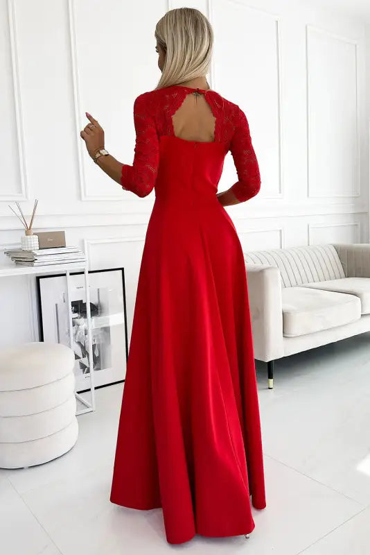 309-8 AMBER lace, elegant long dress with a neckline and leg slit - red - Livre e Solta Fashion