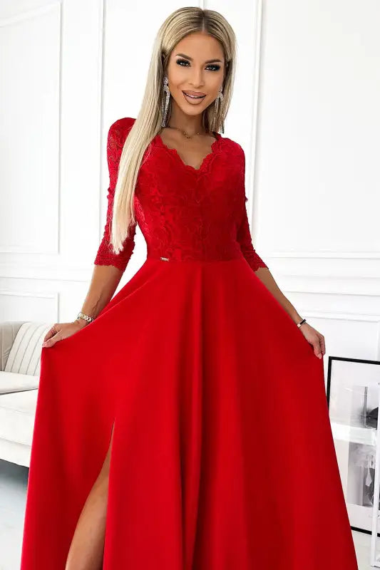 309-8 AMBER lace, elegant long dress with a neckline and leg slit - red - Livre e Solta Fashion