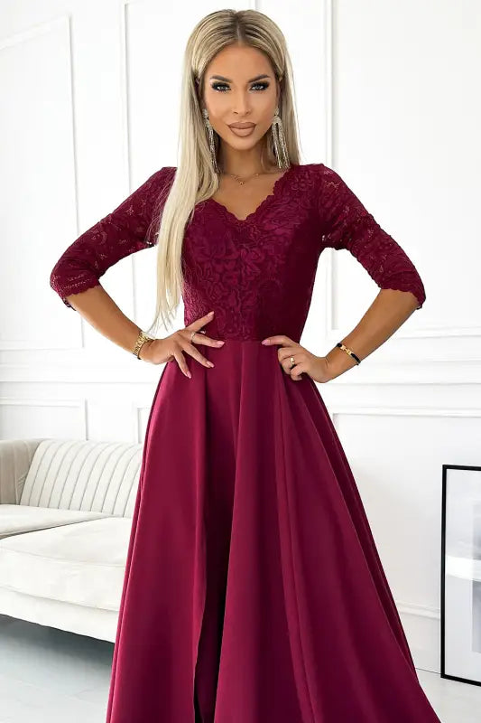 309-9 AMBER elegant long maxi dress with lace neckline - burgundy