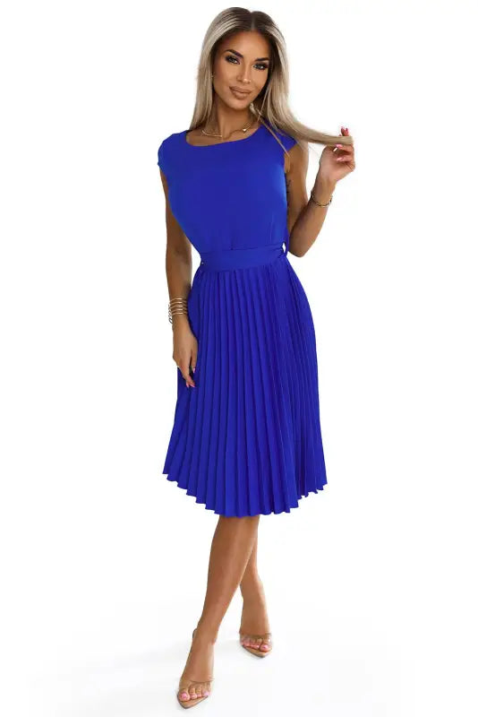 311-16 LILA Pleated dress with short sleeves - Royal Blue - Livre e Solta Fashion