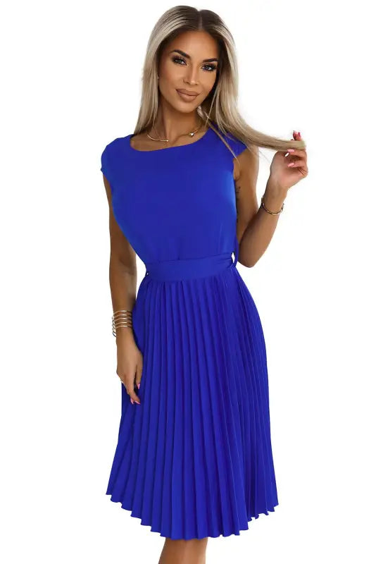 311-16 LILA Pleated dress with short sleeves - Royal Blue - Livre e Solta Fashion