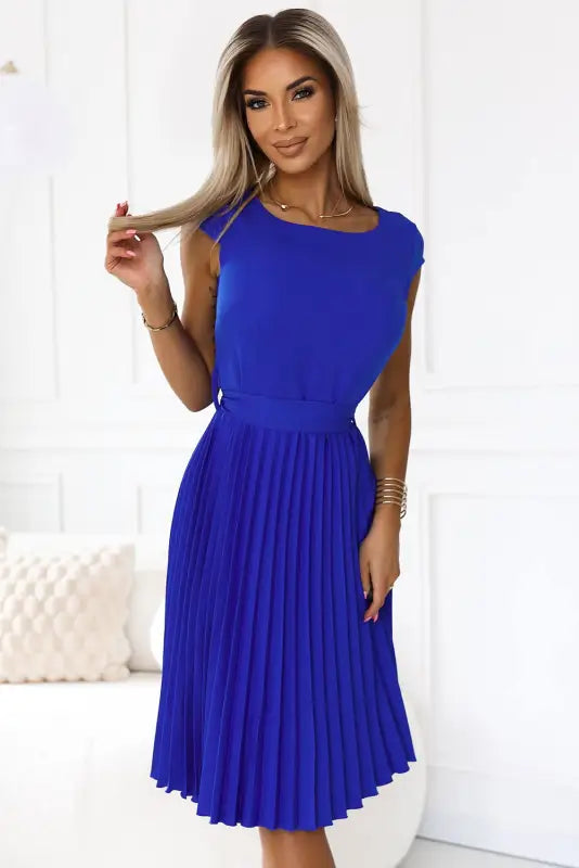 311-16 LILA Pleated dress with short sleeves - Royal Blue - Livre e Solta Fashion