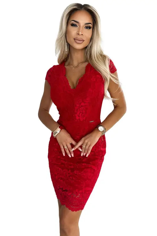 316-9 Lace dress with short sleeves and a neckline - red - Livre e Solta Fashion