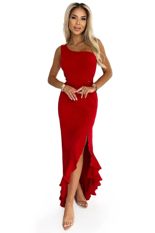 317-4 One shoulder long dress - red - Livre e Solta Fashion