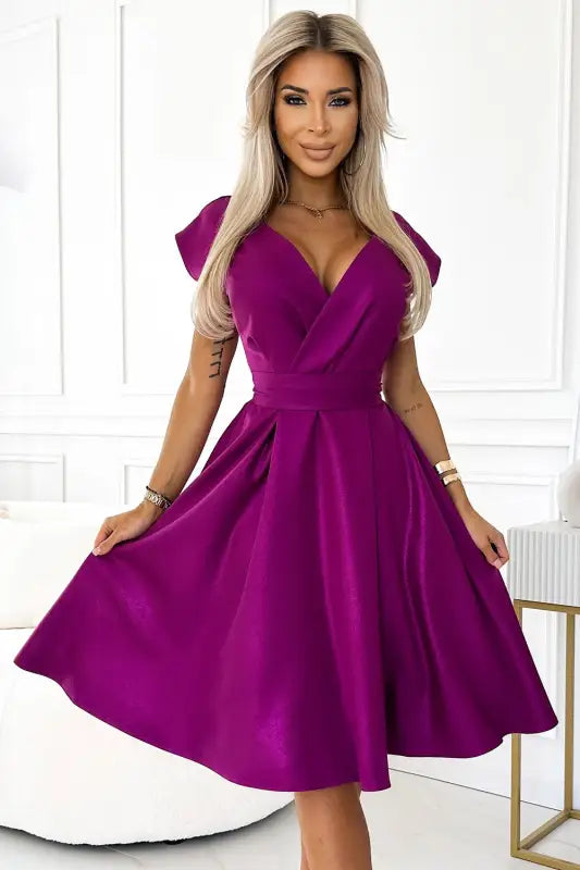 348-8 SCARLETT flared dress with a neckline - fuchsia with glitter - Livre e Solta Fashion