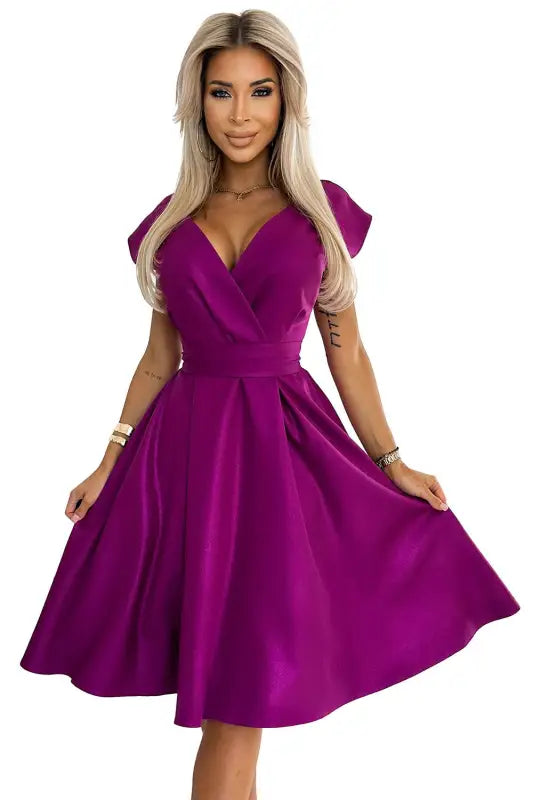 348-8 SCARLETT flared dress with a neckline - fuchsia with glitter - Livre e Solta Fashion