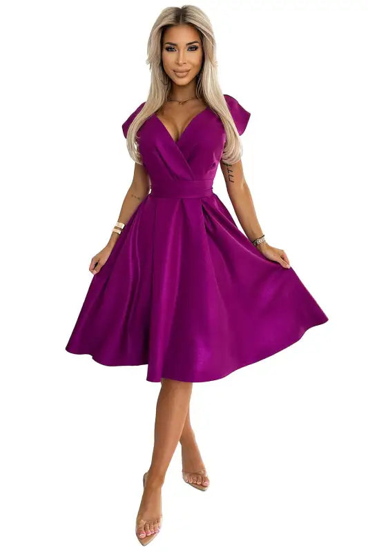 348-8 SCARLETT flared dress with a neckline - fuchsia with glitter - Livre e Solta Fashion