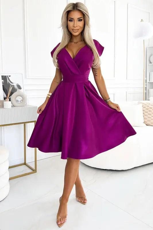 348-8 SCARLETT flared dress with a neckline - fuchsia with glitter - Livre e Solta Fashion