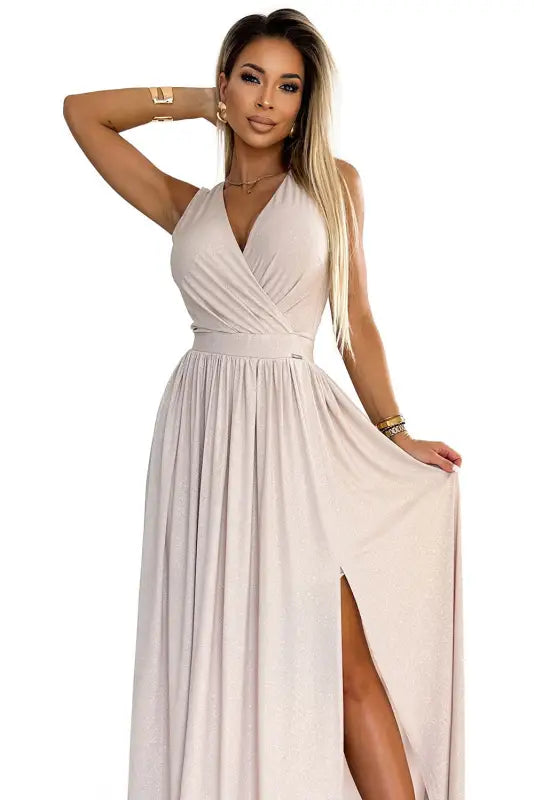 362-8 JUSTINE Long dress with a neckline and a tie at the back - beige with glitter - Livre e Solta Fashion