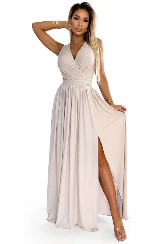 362-8 JUSTINE Long dress with a neckline and a tie at the back - beige with glitter - Livre e Solta Fashion