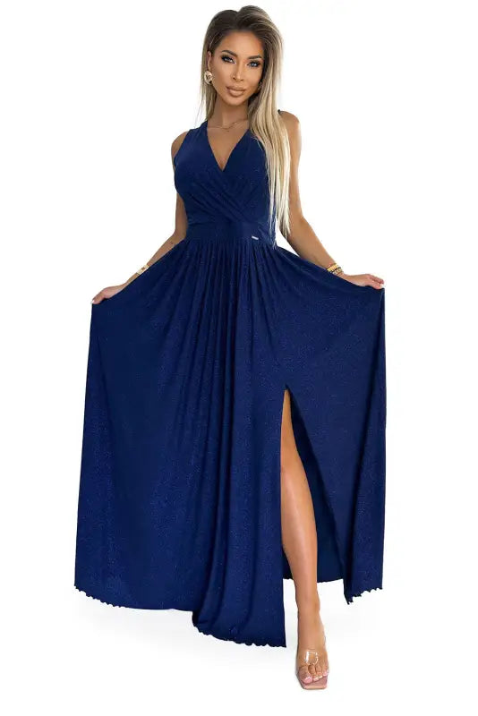 362-9 JUSTINE Long dress with a neckline and a tie at the back - navy blue with glitter - Livre e Solta Fashion