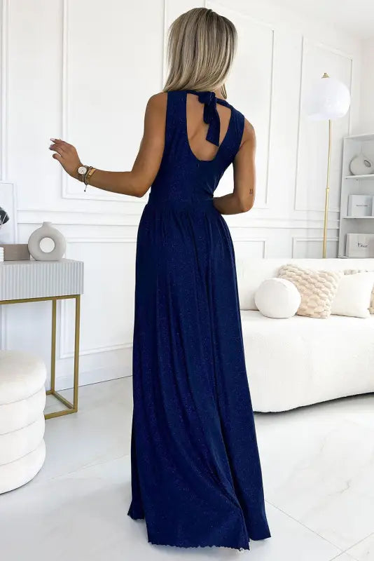 362-9 JUSTINE Long dress with a neckline and a tie at the back - navy blue with glitter - Livre e Solta Fashion