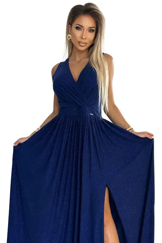 362-9 JUSTINE Long dress with a neckline and a tie at the back - navy blue with glitter - Livre e Solta Fashion