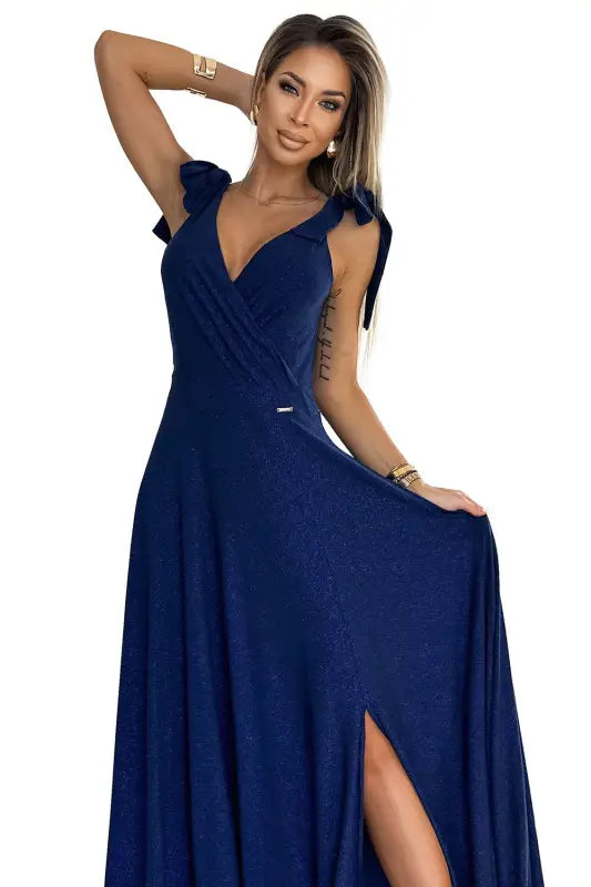 405-5 ELENA Long dress with a neckline and ties on the shoulders - navy blue with glitter - Livre e Solta Fashion