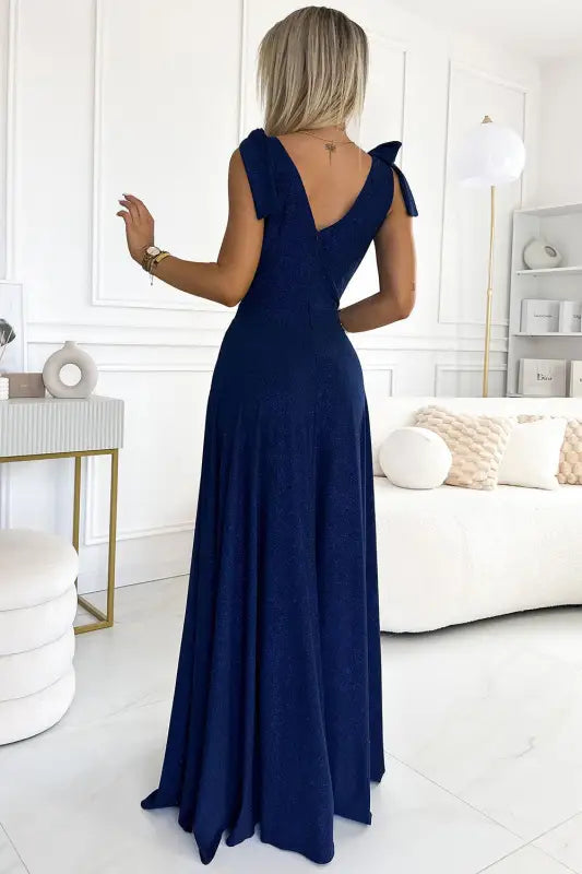 405-5 ELENA Long dress with a neckline and ties on the shoulders - navy blue with glitter - Livre e Solta Fashion