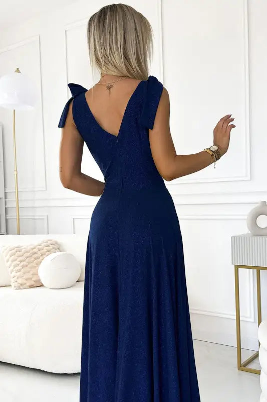 405-5 ELENA Long dress with a neckline and ties on the shoulders - navy blue with glitter - Livre e Solta Fashion