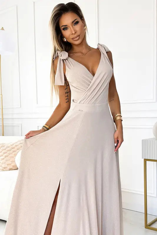 405-6 ELENA Long dress with a neckline and ties on the shoulders - beige with glitter - Livre e Solta Fashion