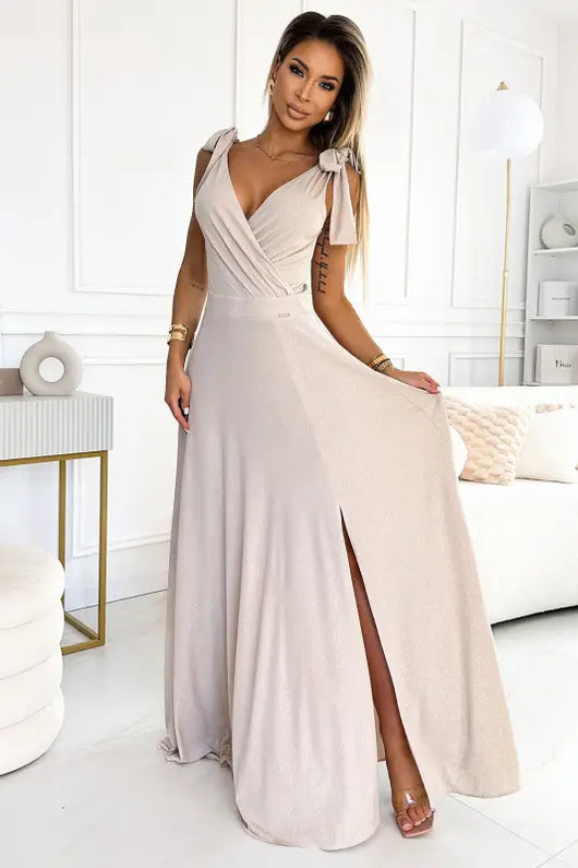 405-6 ELENA Long dress with a neckline and ties on the shoulders - beige with glitter - Livre e Solta Fashion