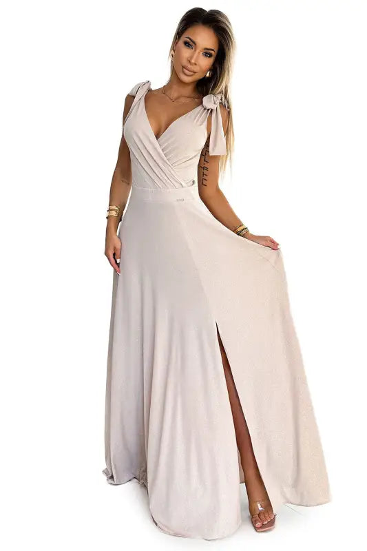 405-6 ELENA Long dress with a neckline and ties on the shoulders - beige with glitter - Livre e Solta Fashion