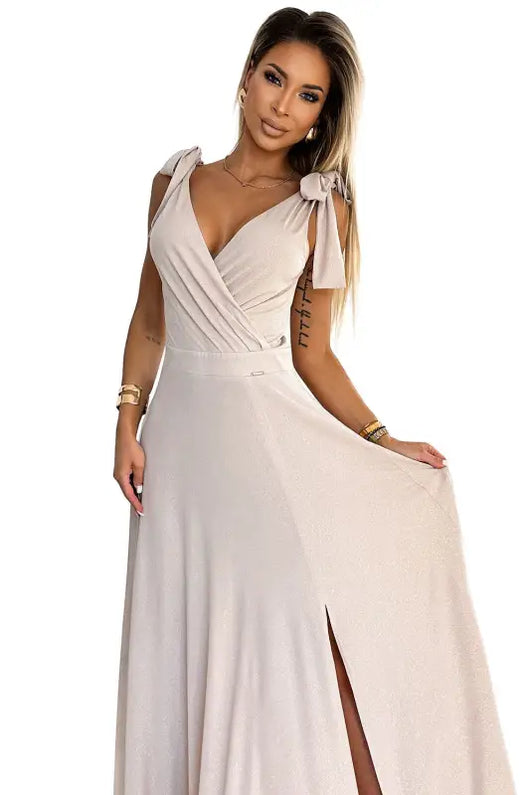 405-6 ELENA Long dress with a neckline and ties on the shoulders - beige with glitter - Livre e Solta Fashion