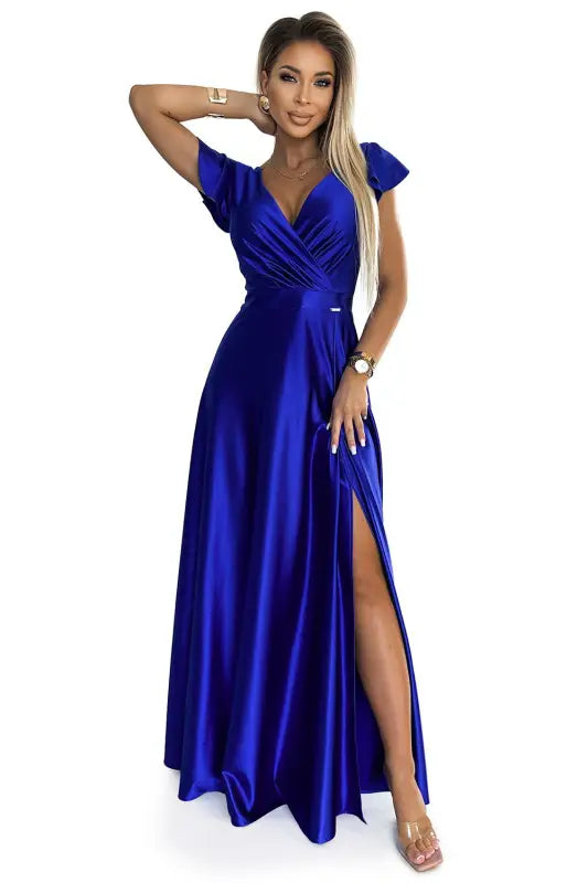 411-11 CRYSTAL satin long dress with a neckline - royal blue - Livre e Solta Fashion