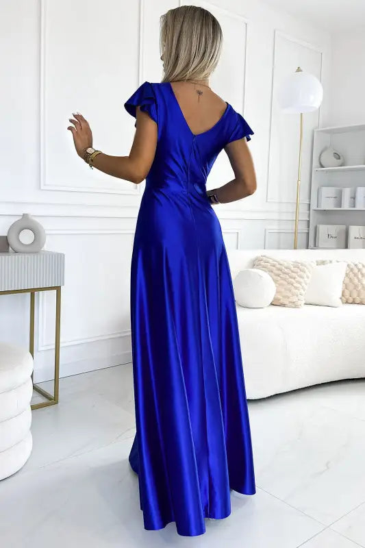 411-11 CRYSTAL satin long dress with a neckline - royal blue - Livre e Solta Fashion