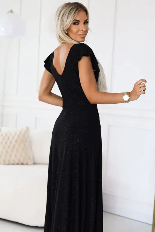 411-12 CRYSTAL long shimmering dress with a neckline - black - Livre e Solta Fashion