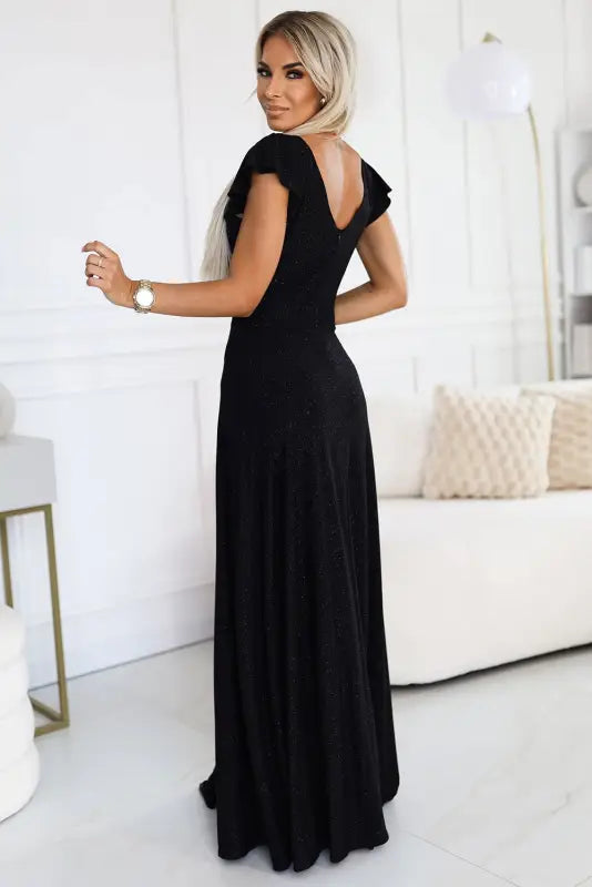 411-12 CRYSTAL long shimmering dress with a neckline - black - Livre e Solta Fashion