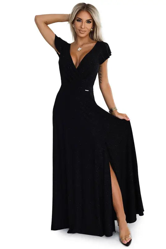 411-12 CRYSTAL long shimmering dress with a neckline - black - Livre e Solta Fashion