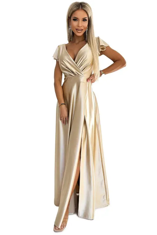 411-7 CRYSTAL satin long dress with a neckline - gold - Livre e Solta Fashion