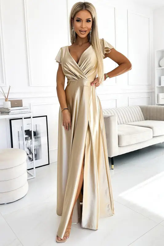 411-7 CRYSTAL satin long dress with a neckline - gold - Livre e Solta Fashion