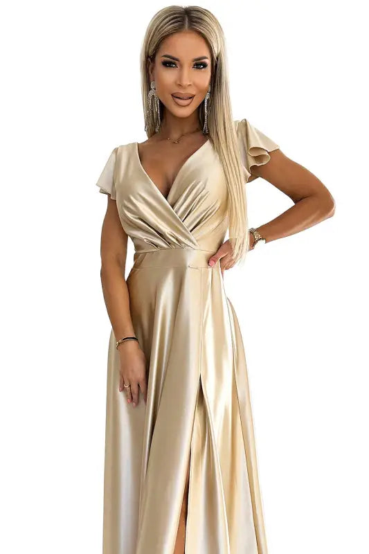 411-7 CRYSTAL satin long dress with a neckline - gold - Livre e Solta Fashion