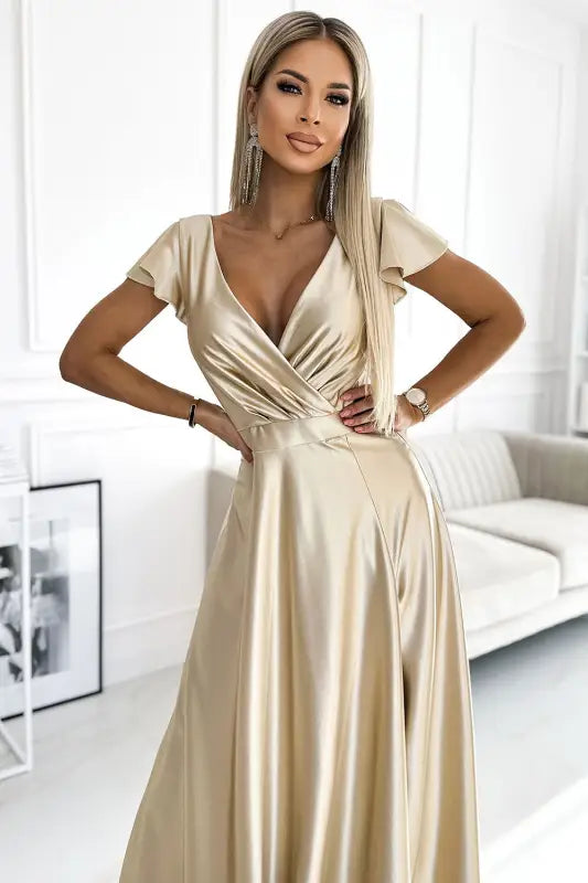 411-7 CRYSTAL satin long dress with a neckline - gold - Livre e Solta Fashion