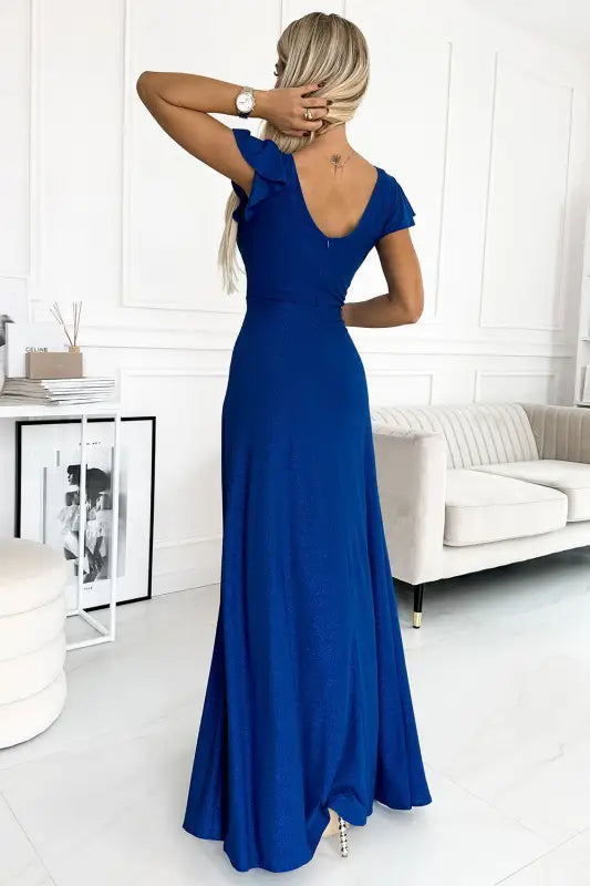 411-9 CRYSTAL long shimmering dress with a neckline - Blue - Livre e Solta Fashion