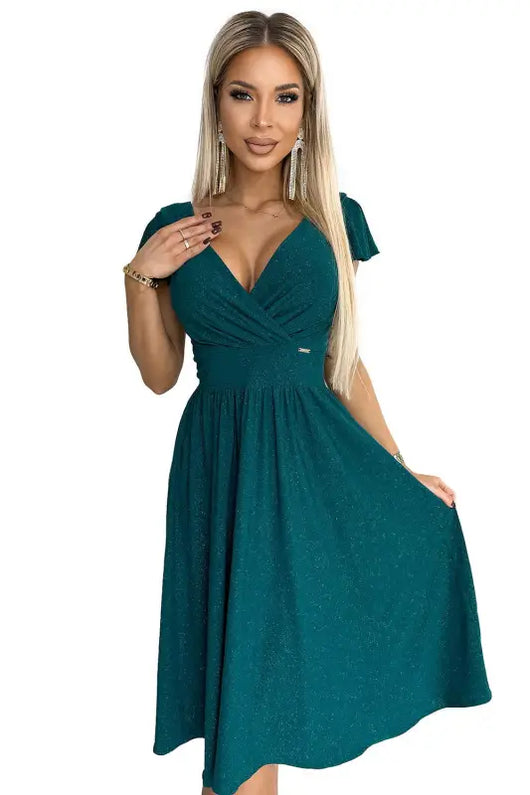 425-6 MATILDE Dress with a neckline and short sleeves - green with glitter - Livre e Solta Fashion