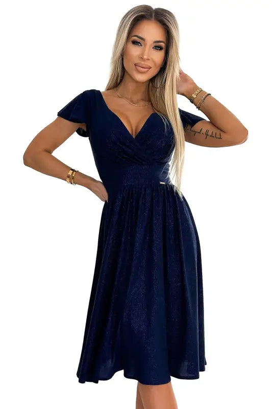 425-8 MATILDE Dress with a neckline and short sleeves - navy blue with glitter - Livre e Solta Fashion