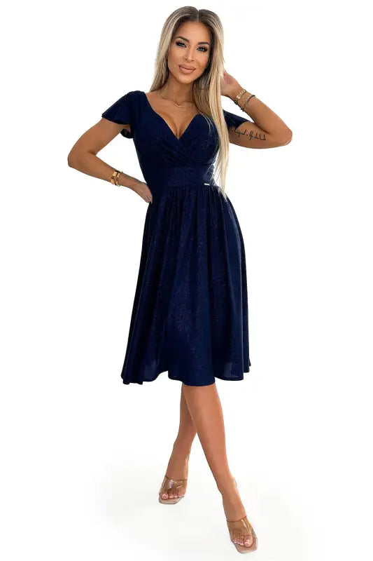 425-8 MATILDE Dress with a neckline and short sleeves - navy blue with glitter - Livre e Solta Fashion