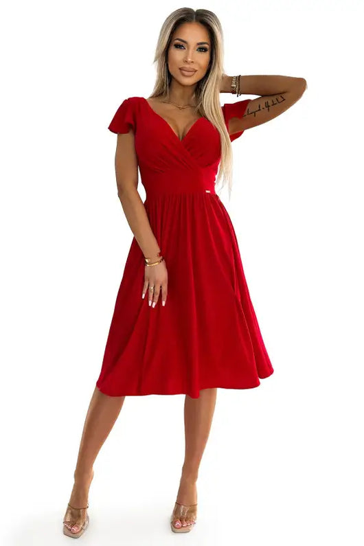 425-9 MATILDE Dress with a neckline and short sleeves - red with glitter - Livre e Solta Fashion