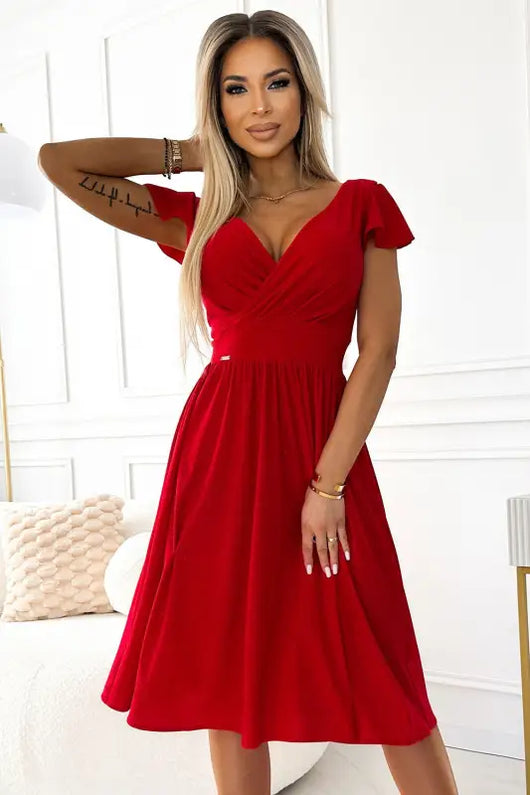 425-9 MATILDE Dress with a neckline and short sleeves - red with glitter - Livre e Solta Fashion