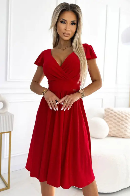 425-9 MATILDE Dress with a neckline and short sleeves - red with glitter - Livre e Solta Fashion