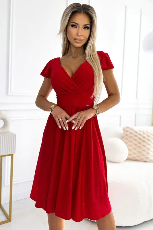 425-9 MATILDE Dress with a neckline and short sleeves - red with glitter - Livre e Solta Fashion