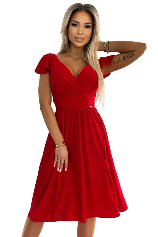 425-9 MATILDE Dress with a neckline and short sleeves - red with glitter - Livre e Solta Fashion