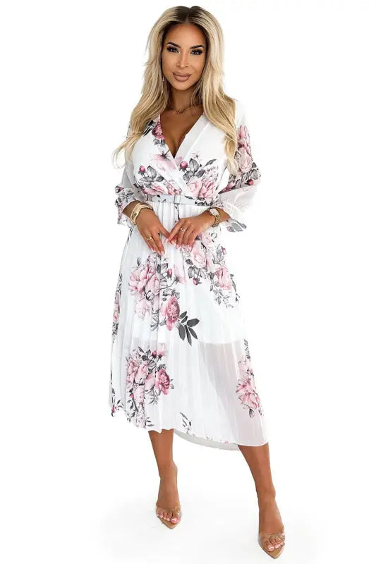 448-2 YUNA Pleated midi dress with a neckline and belt - roses on a white background - Livre e Solta Fashion