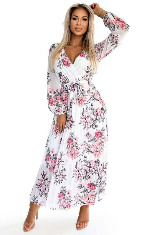 458-3 GEPPI Pleated midi dress with a neckline, long sleeves and a belt - white with red roses - Livre e Solta Fashion