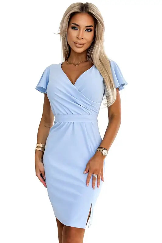 479-6 NINA dress with envelope neckline, sleeves and belt - blue - Livre e Solta Fashion