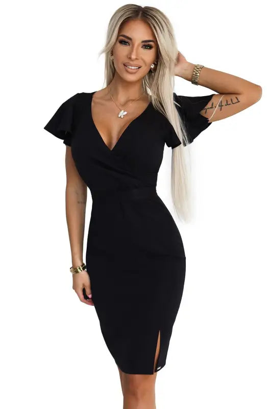 479-9 NINA elegant dress with envelope neckline, sleeve and belt - black - Livre e Solta Fashion