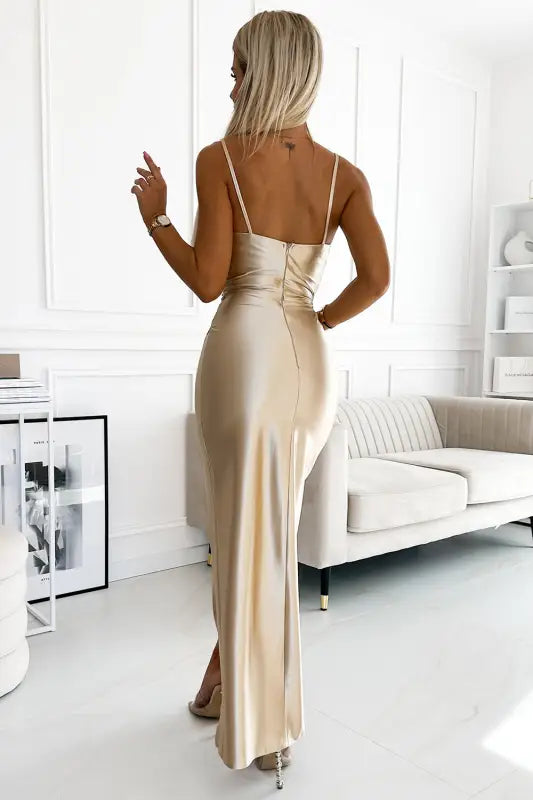 483-2 DIANE satin long dress with a leg slit - beige