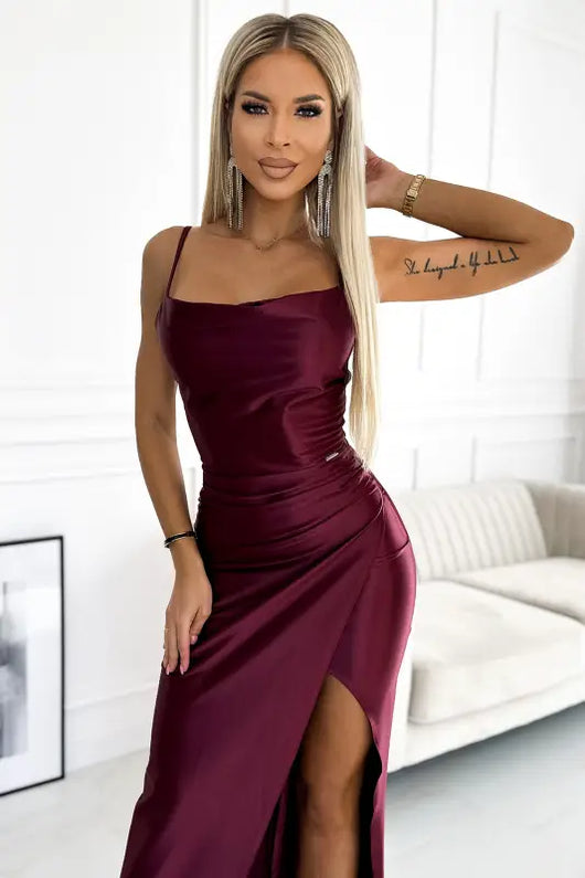 483-4 DIANE satin long dress with a leg slit - Burgundy color