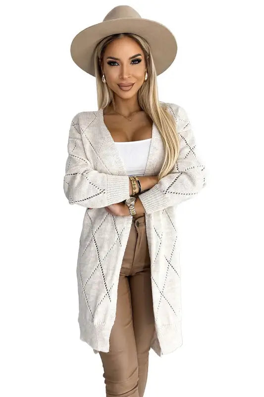 486-2 Cardigan - sweater cape with a longer back in openwork diamonds - Beige - Livre e Solta Fashion